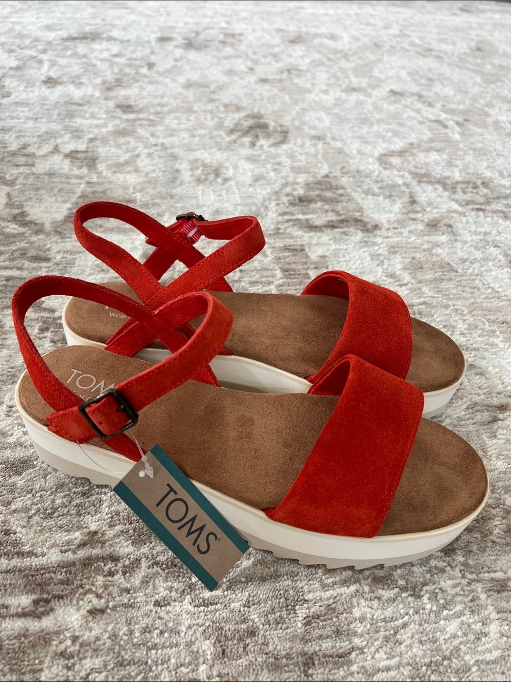 TOMS Red Suede Platform Sandals with Ankle Strap